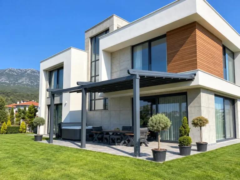 Modern villa terası pergola tente uygulaması