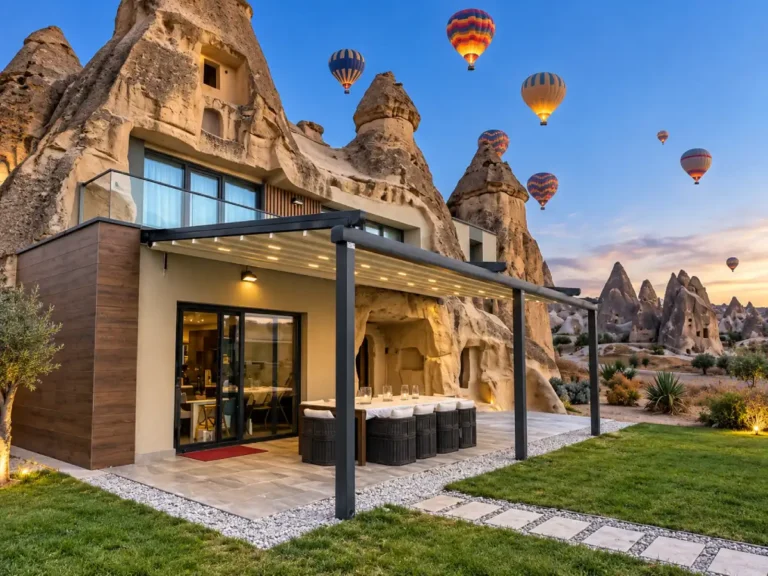 Kapadokya taş ev pergola tente sistemi