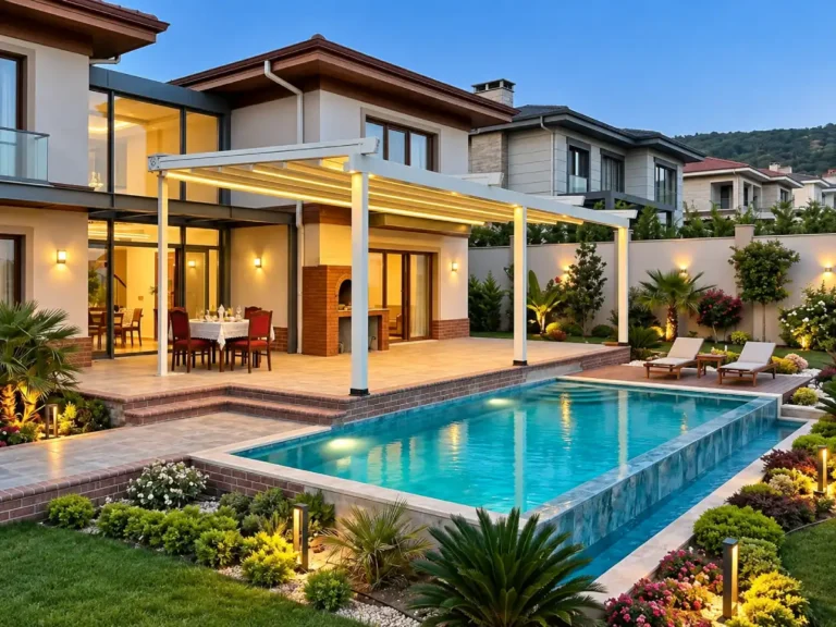 Havuz kenarı beyaz pergola tente sistemi