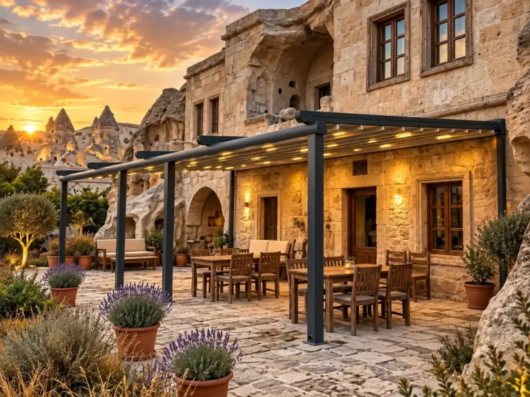 Taş ev terası aydınlatmalı pergola tente