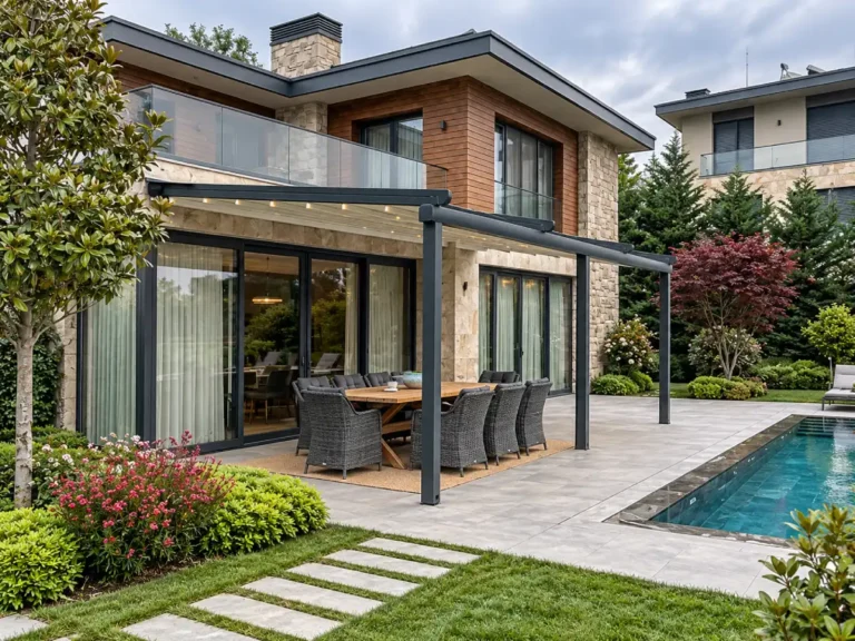 Villa bahçesi modern pergola tente sistemi