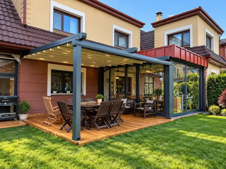 Ahşap teras üzerinde pergola tente sistemi