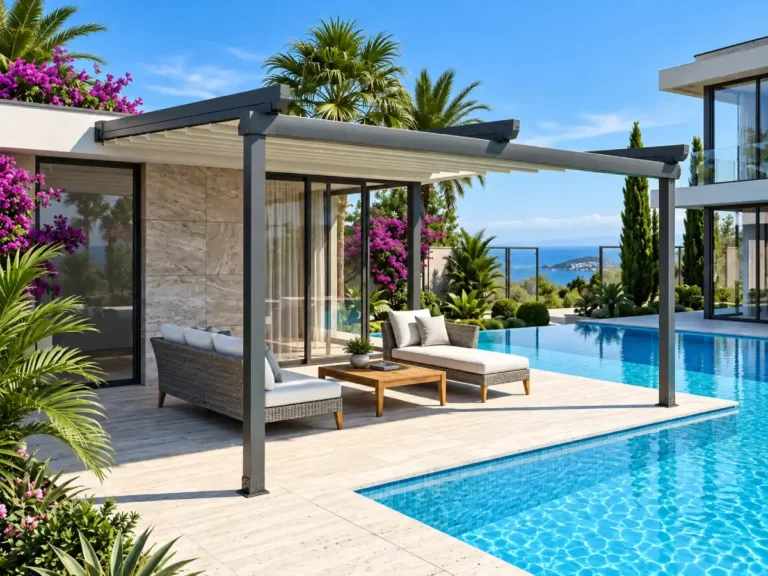 Havuz başı lüks villa pergola tente sistemi